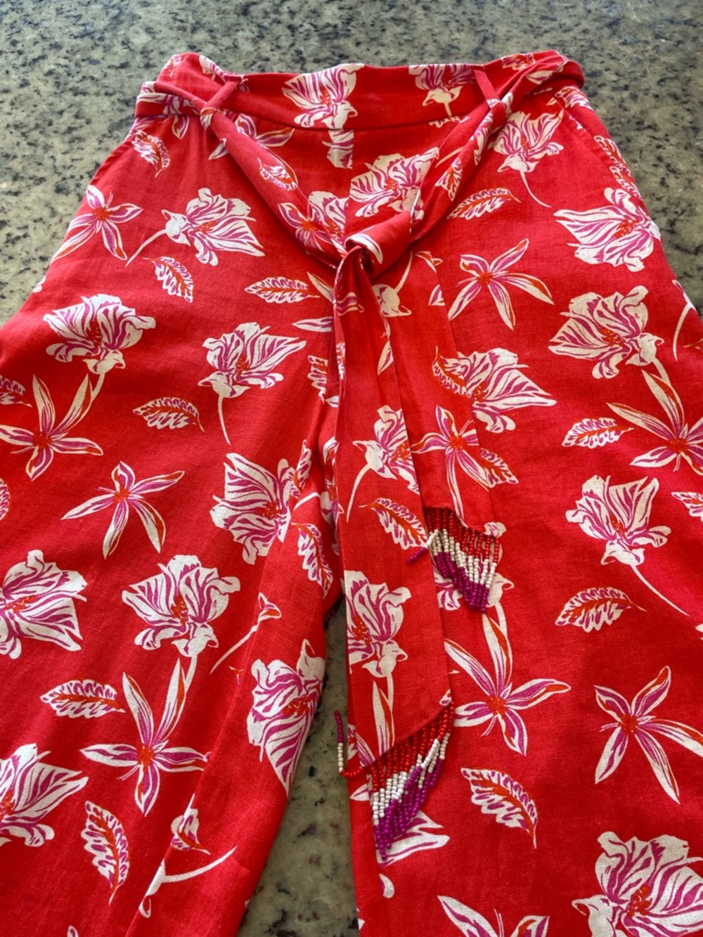 New Maison D’ Amelie linen blend Red Floral Wide-Leg cropped Pants SZ S - Picture 5 of 10